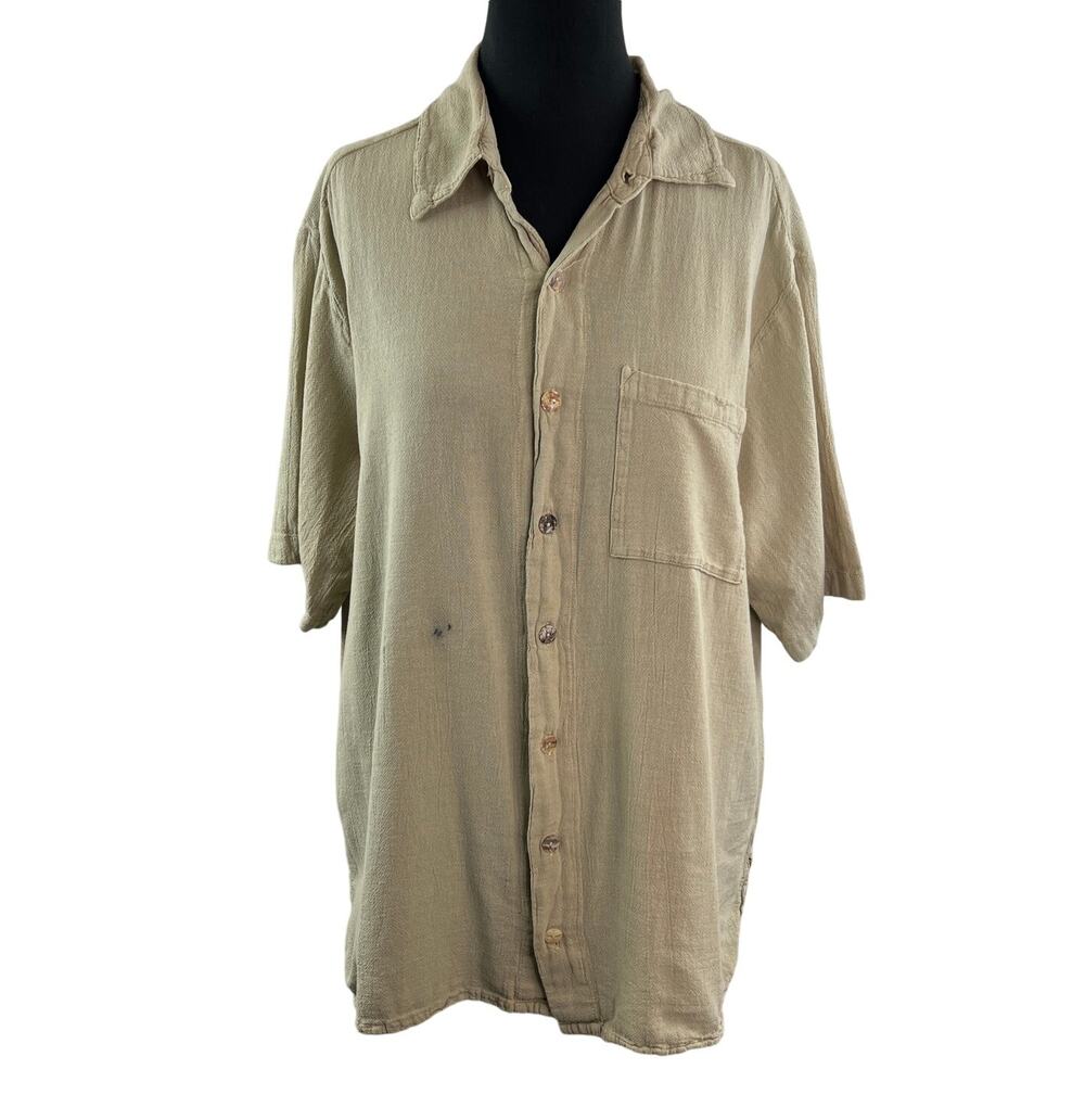 Oh My Gauze Lagenlook Beige Top Collared Short Sleeve Button-Up Size 1 FLAW